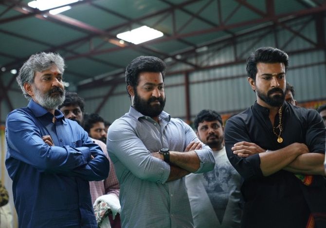 S S Rajamouli, NTR Jr and Ram Charan at the RRR launch