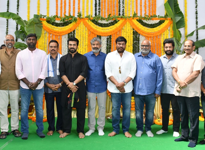 Chiranjeevi, S S Rajamouli, NTR Jr and Ram Charan at the RRR launch