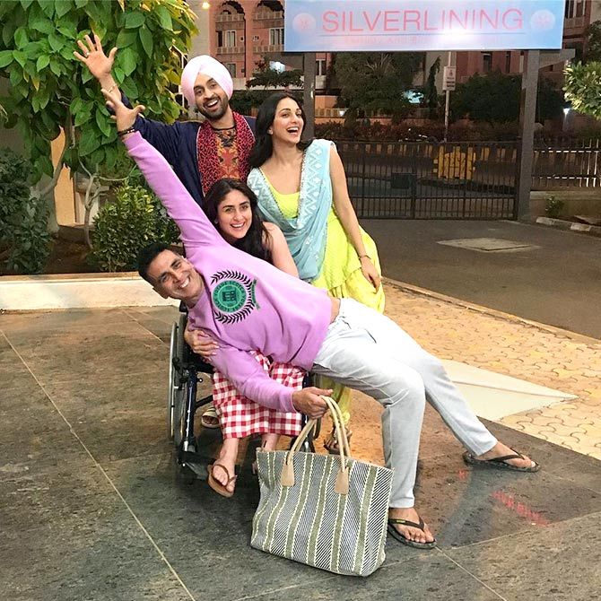Diljit on the sets of Good News, with Akshay Kumar, Kareena Kapoor Khan and Kiara Advani. Photograph: Kind courtesy Diljit Dosanjh/Instagram