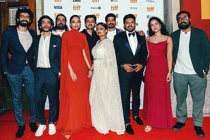 The Moothon team: Actors Roshan Mathew and Shashank Arora, Visual Effects Supervisor Rif Dagher, Actor Sobhita Dhulipala, Co-Producer Ajay Rai, Director Geetu Mohandas, Co-Producer Vinod Kumar, Nivin, Actor Melissa Raju Thomas and Producer Anurag Kashyap.