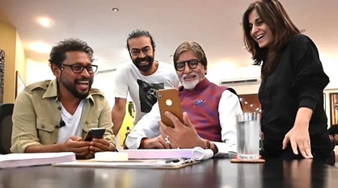 Director Shoojit Sircar with Producer Ronnie Lahiri, Amitabh Bachchan and Writer Juhi Chaturvedi
