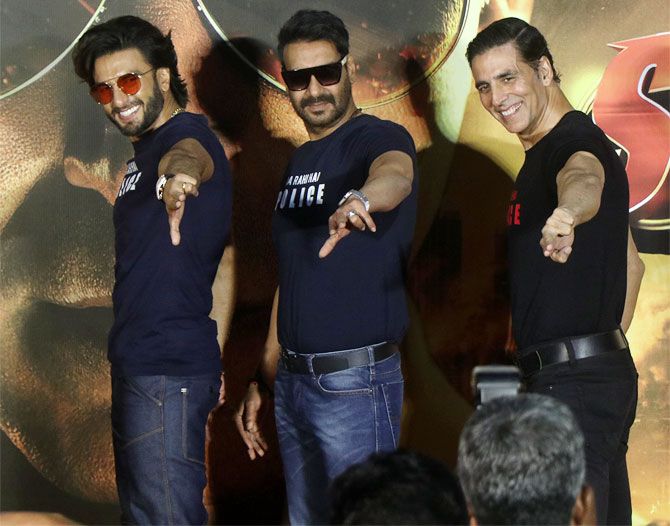 Ranveer Singh, Ajay Devgn and Akshay Kumar at the Sooryavanshi trailer launch in Mumbai. Photograph: Hitesh Harisinghani/Rediff.com