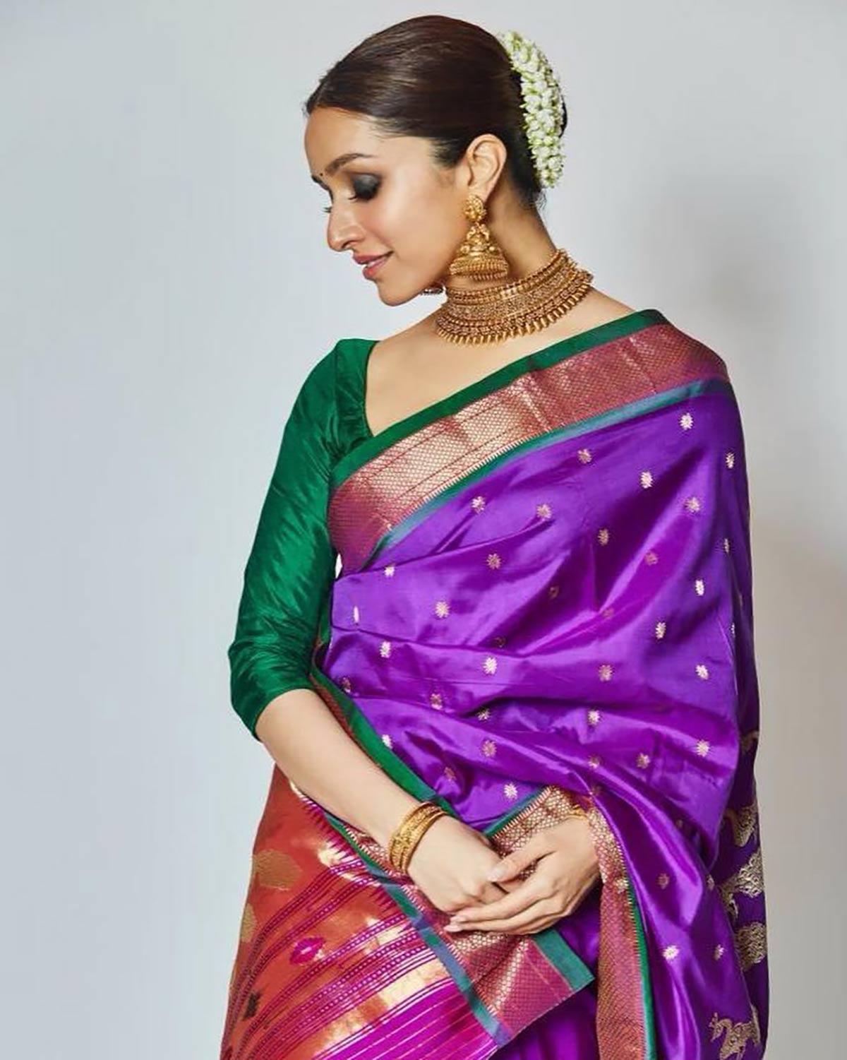 Kanjivaram Purple Silk Saree with Tiratchai Green – Muhurth