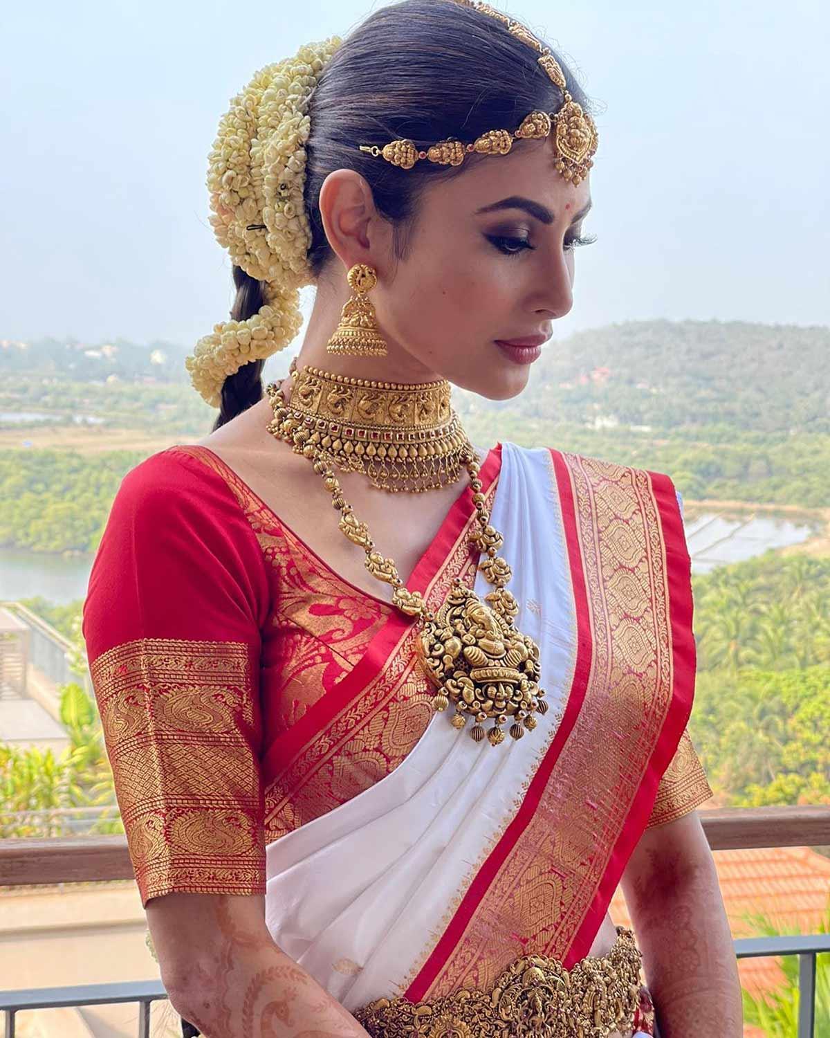 Serial Actress Mouni Roy Style Ruby Red Saree