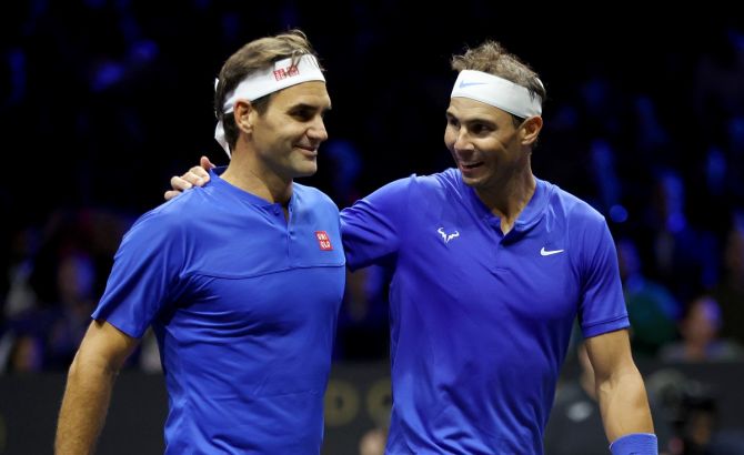 Roger Federer and Rafael Nadal of Team Europe celebrate after winning a point during the Laver Cup doubles match against Jack Sock and Frances Tiafoe of Team World. 