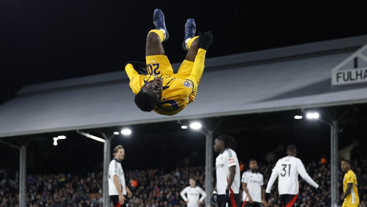 Carlos Baleba celebrates scoring Brighton & Hove Albion's only goal of the match.