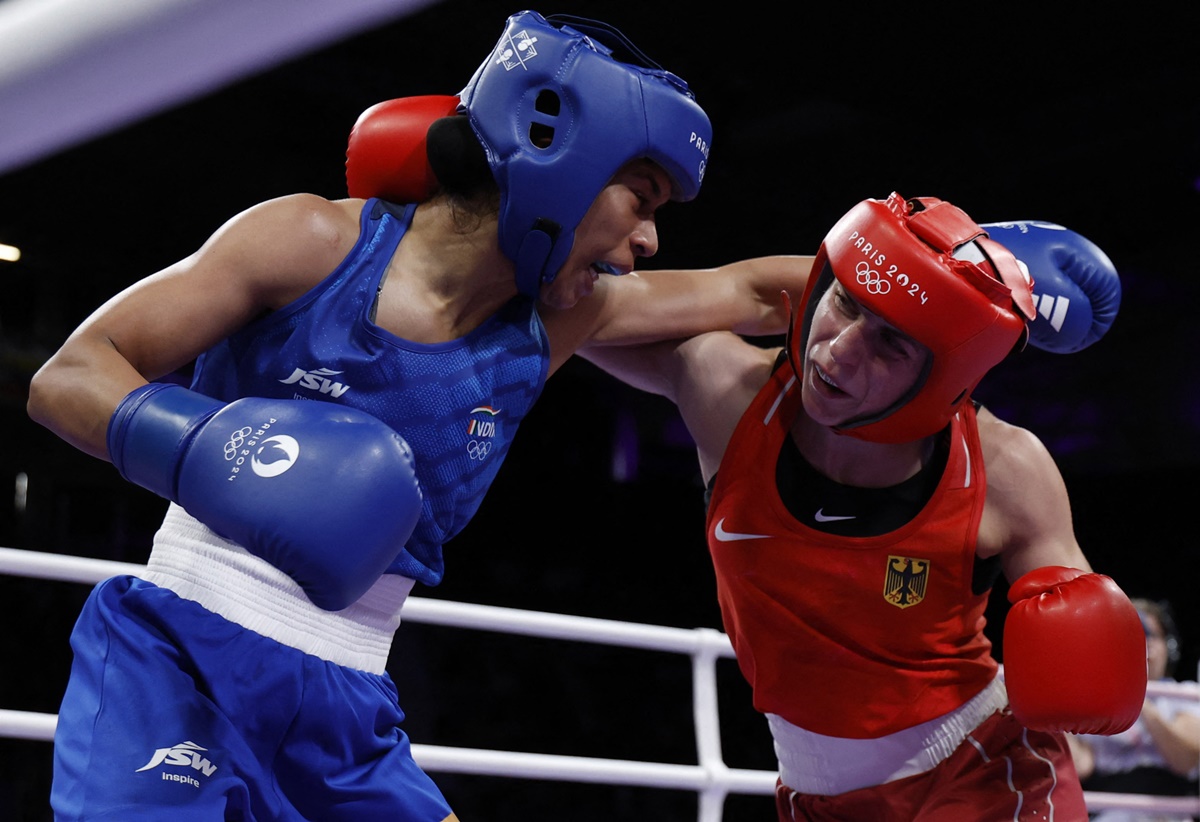 Zareen Nikhat in action against Germany's Maxi Carina Kloetzer in the women's 50kg Round of 32 bout in North Paris Arena, Villepinte, France, on Sunday.