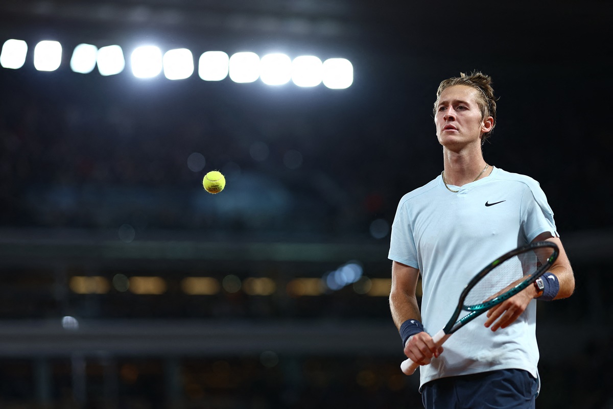 Sebastian Korda reacts after committing an unforced error.