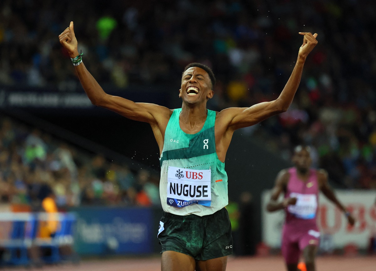 Yared Nuguse of the United States celebrates winning the men's 1500 metres run in the Diamond League meeting at Stadion Letzigrund, Zurich, on September 5, 2024