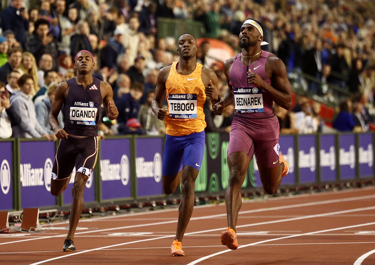 Kenneth Bednarek of the United States finishes ahead of Botswana's Letsile Tebogo and Alexander Ogando of Dominican Republic to win the men's 200 metres.