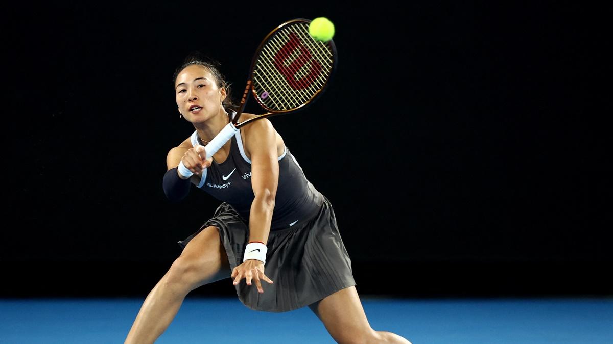 China's Qinwen Zheng in action during her Australian first round match against Romania's Anca Alexia Todoni at Melbourne Park on Sunday.