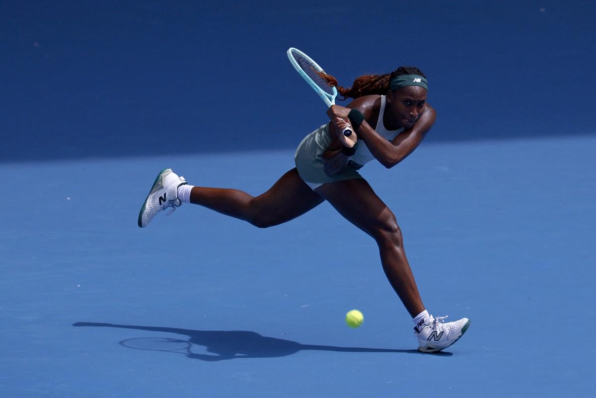 Coco Gauff of the United States in action during her fourth round match against Switzerland's Belinda Bencic.