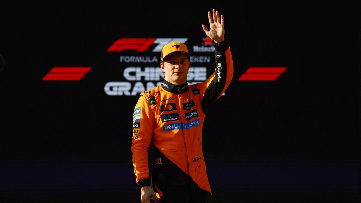 McLaren's Oscar Piastri celebrates after qualifying in pole position for the Formula One Chinese Grand Prix at Shanghai International Circuit, Shanghai, on Saturday.