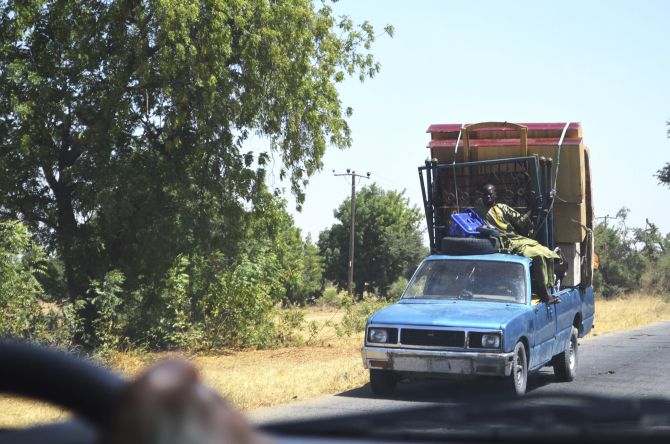 A vehicle, loaded with personal belongings, is seen travelling out of Bama, Borno State, after an attack by Boko Haram militants. 