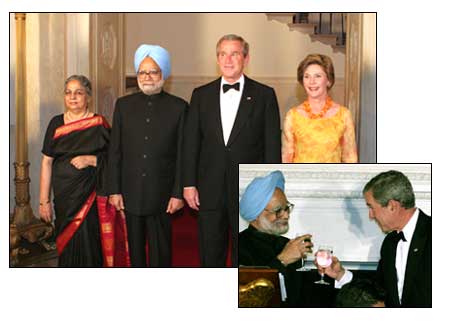 President Bush and wife Luara hosted a dinner for Prime Minister Mandmohan Singh and his wife in the White House.