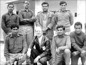 Standing from left: Lieutenant A G J Sweetens, late Major S S Chaudhuri (with an eye patch) , Captain M F Dastoor, the author, Captain Anil Athale. Sitting: Lieutenant G R Chaudhari, a Red Cross official, Captain Mehrotra and Lieutenant Gurung at the Lyallpur Jail in Pakistan. This picture was sent by the Red Cross official seen here to Captain Athale's family.