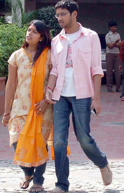Chiranjeevi's daughter Srija with her husband Sirish outside Hyderabad airport