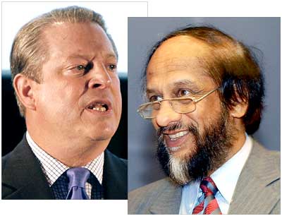 Al Gore (left) and Dr R K Pachauri of the IPCC, the winners of the 2007 peace Nobel