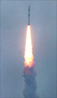 The PSLV-C9 soars into the sky after blasting off from the Satish Dhawan Space centre at Sriharikota on Monday