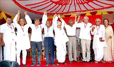 Communist Party of India - Marxist General Secretary Prakash Karat (3rd Right) and Communist Party of India General Secretary A B Bardhan (4th Left) with senior CPI-M leaders during the 19th party congress in Coimbatore on Saturday.