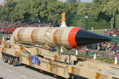 A replica of the Agni-III missile being showcased at the Republic Day parade in 2008
