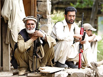 Mujahideen leaders pose for the media at in Upper Dir, Swat region