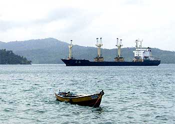 The North Korean ship MV Musan, which was detained by the Indian Coast Guard after a six-hour chase, anchored near Port Blair. The ship had entered Indian waters without the requisite permission or documents.