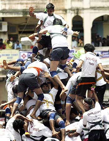 Devotees tumble as they try to form a human pyramid to break a clay pot containing butter
