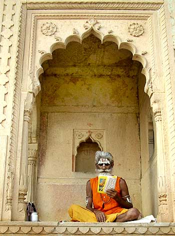 A Sadhu prays outside a temple on the occasion of Janmashtami in the pilgrimage town of Vrindavan