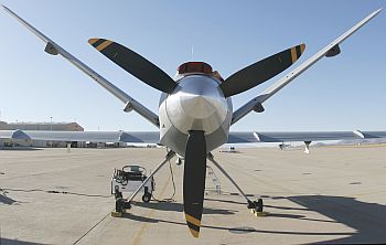 A turboprop MQ-9 Predator B drone on the tarmac at Fort Huachuca, Arizona, US