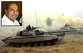Army soldiers and tanks take part in an army exercise at Pallu in Rajasthan. (Inset) Defence minister AK Antony