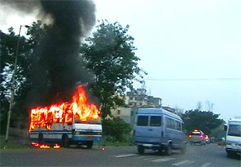 The school bus on fire