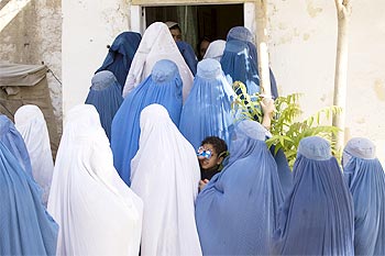 Women wait in line to vote in the Afghan election in Mazar-e-Sharif in northern Afghanistan