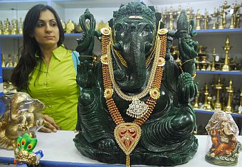 A Ganpati idol carved out of precious stones in Jaipur on display at a shop in Matunga. The cost: Rs 4.86 lakh