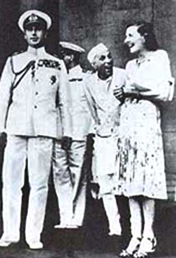 Lord Mountbatten, Jawaharlal Nehru and Lady Mountbatten share a light moment preparing for the final stages of freedom for India