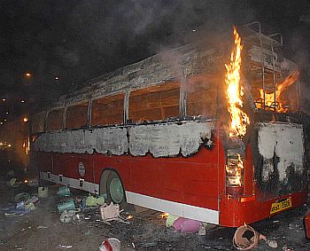 A state transport bus in flames