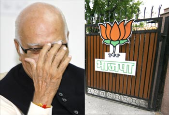 BJP senior leader L K Advani and the deserted party office in Delhi after the LS poll results