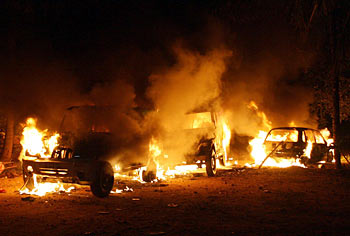 Miscreants set fire to vehicles during the funeral ceremony