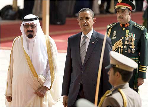US President Barack Obama  is welcomed to the Kingdom of Saudi Arabia by King Abdullah