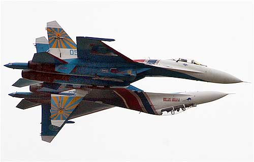 Russian fighter jets perform during an aerobatics show