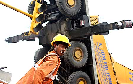 The toppled crane at the Delhi Metro mishap site