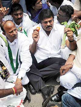 Chiranjeevi protesting outside Chief Rationing Officer's office
