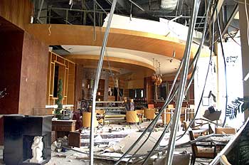 A view of the damage to a restaurant in the Ritz-Carlton hotel after an explosion in Jakarta