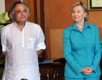 US Secretary of State Hillary Clinton with Minister for Forest and Environment Jairam Ramesh during a conference on climate change in Gurgaon on Sunday