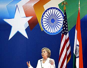 US Secretary of State Hillary Clinton addresses students at the Delhi University