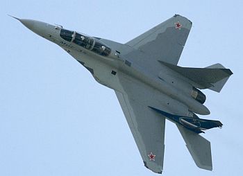 A MIG-35 fighter plane performs during the international air show near Moscow