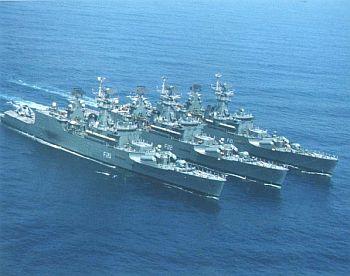 Three Godavari class frigates -- Ganga, Godavari, Gomti -- sail in formation