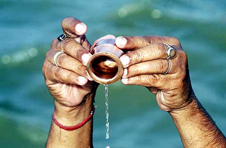 A devotee prays after taking a dip in the Sangam
