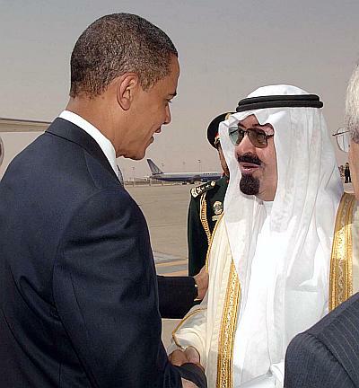 Saudi King Abdullah greets US President Barack Obama