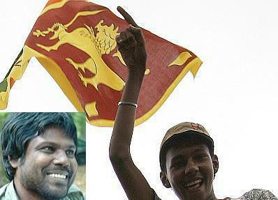 A man gestures in front of the Sri Lankan national flag as he and others celebrate the victory over LTTE